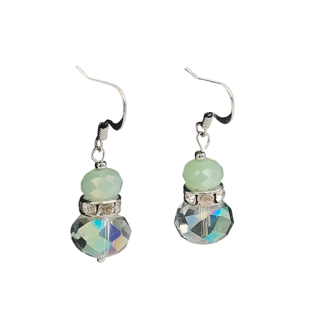 Boho Blue Green Round Circular Iridescent Dangle Drop Earrings Fish hook Pierce